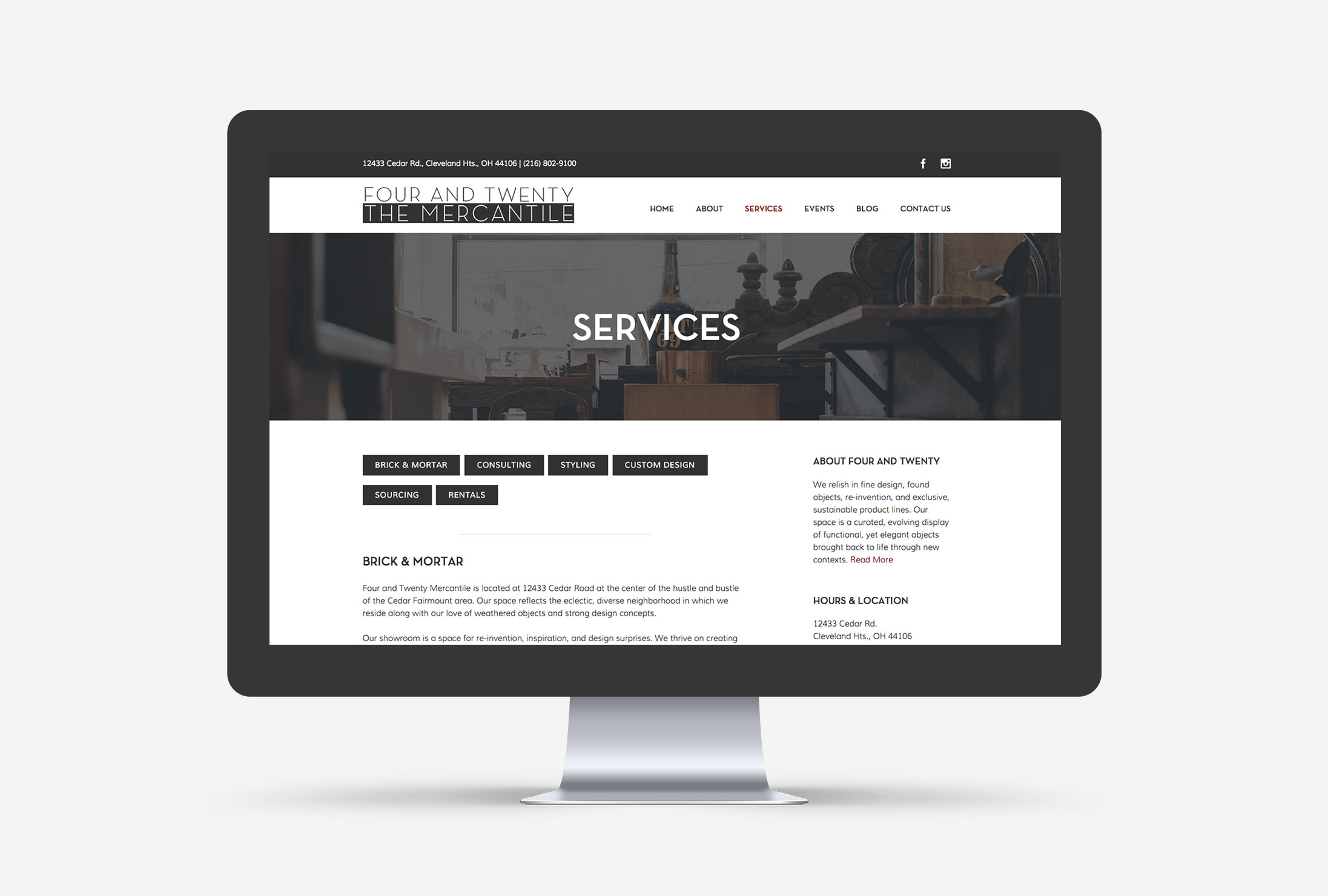 Mockup of the new Four and Twenty Mercantile WordPress website Services page