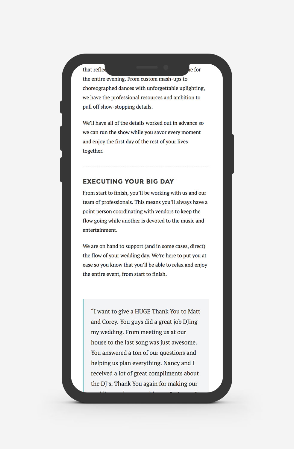 Mockup of the new MC Sound DJ WordPress website about page on a mobile device