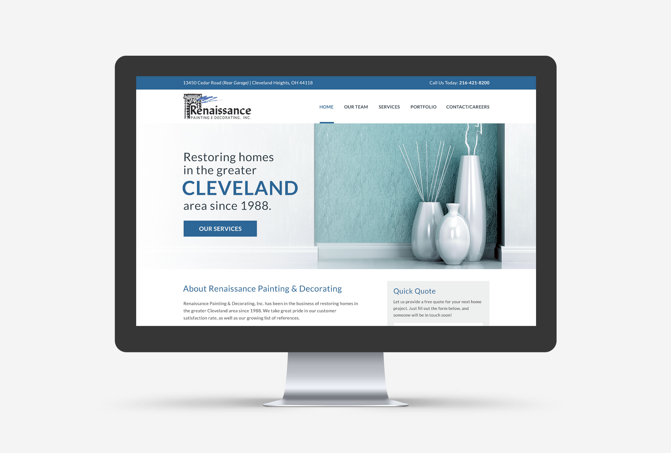 Mockup of the new Renaissance Painting and Decorating WordPress website on a desktop computer screen