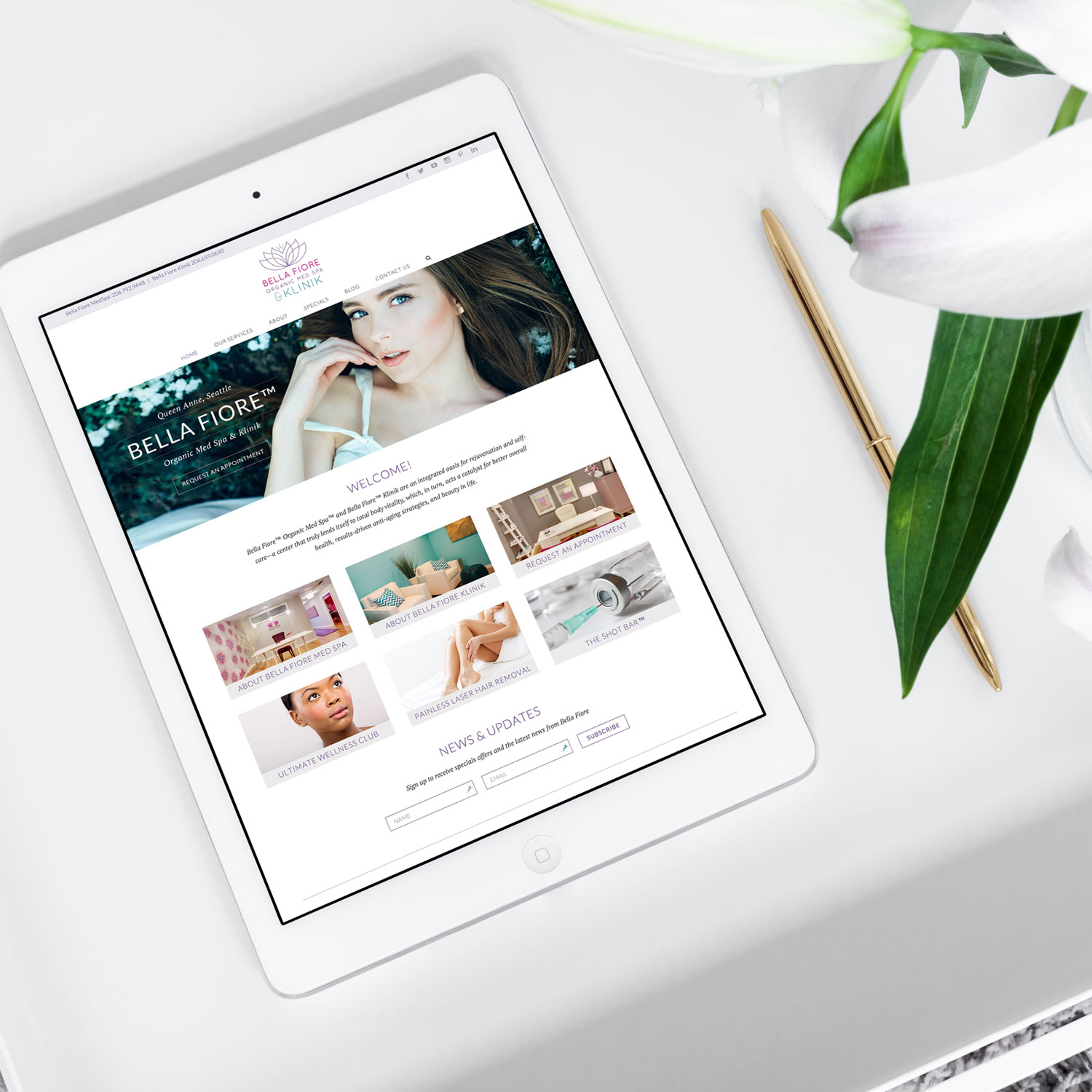 Photo of new Bella Fiore MedSpa web design displayed on a white tablet