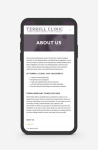 Mockup of the new Terrell Clinic WordPress website about page on a mobile device