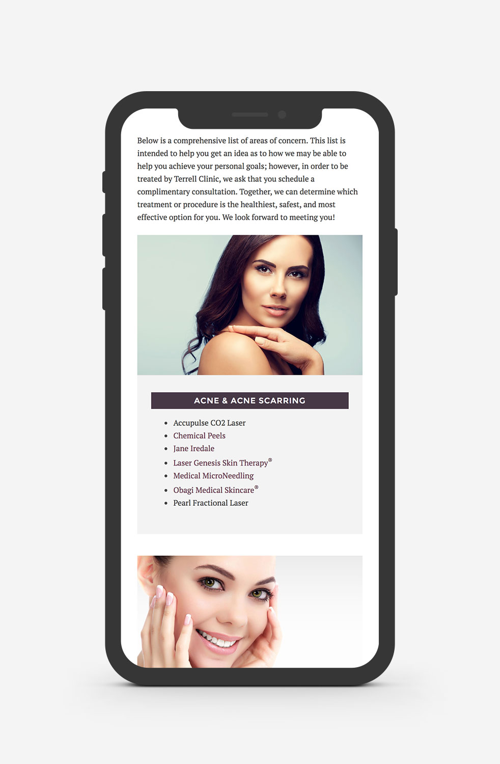 Mockup of the new Terrell Clinic WordPress website services landing page on a mobile device