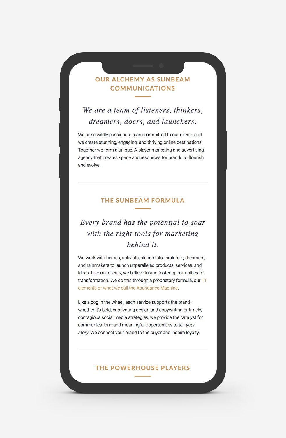 Mockup of the new Sunbeam Communications WordPress website services page on a mobile device