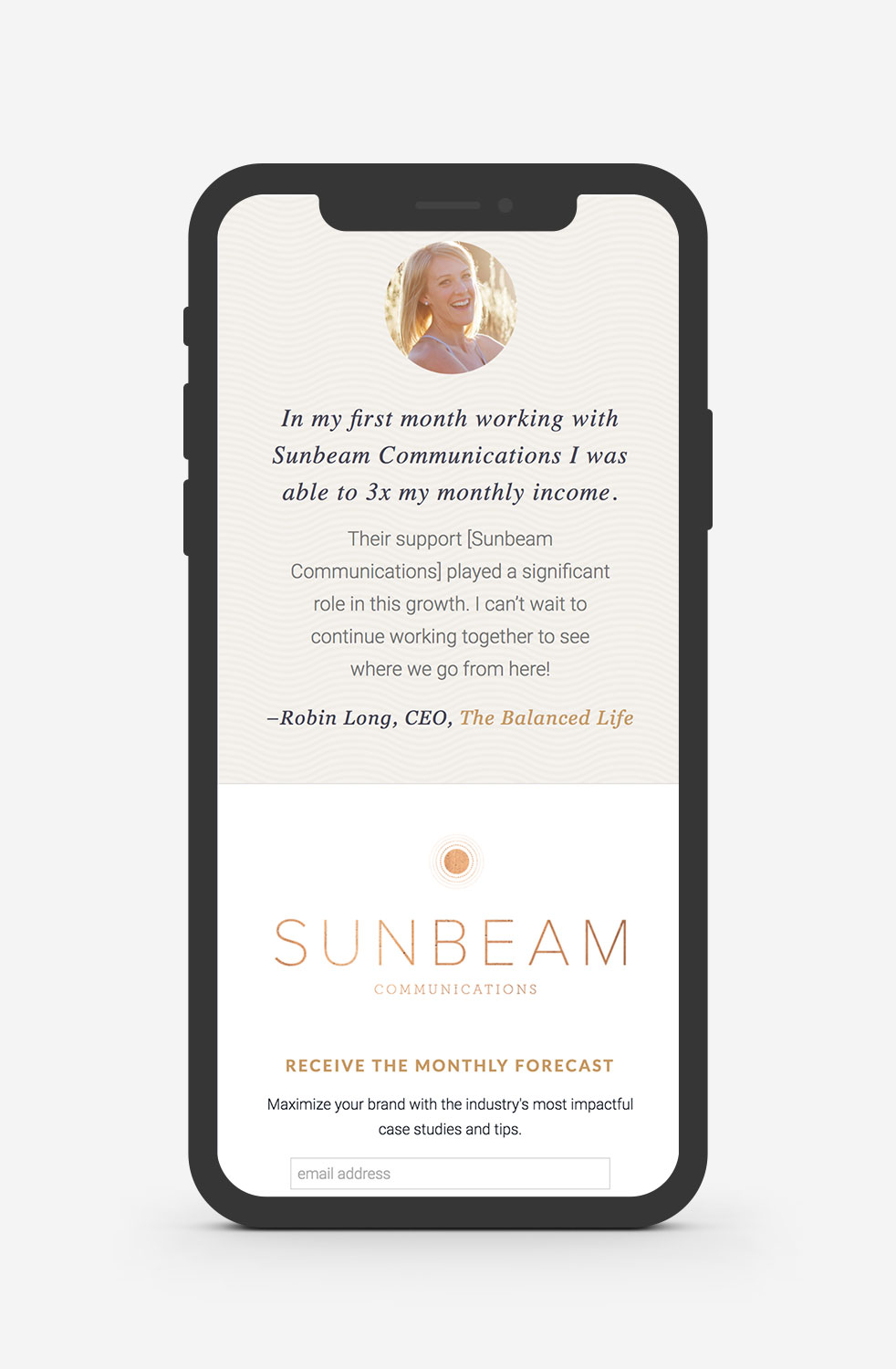 Mockup of the new Sunbeam Communications WordPress website services page on a mobile device