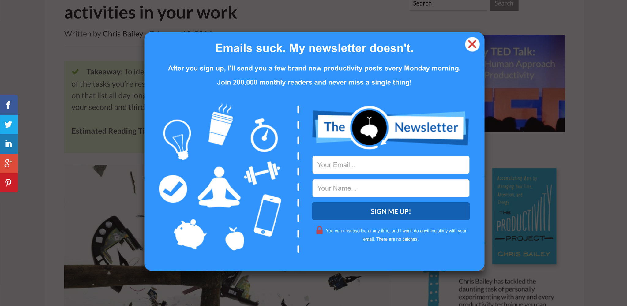 A Life of Productivity Website Pop-up Example