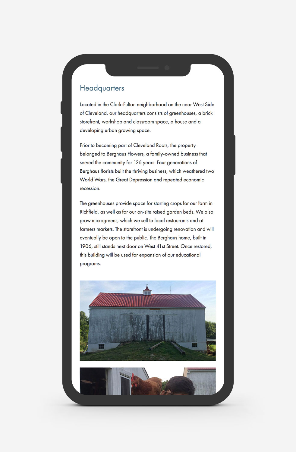 Mockup of the new Cleveland Roots WordPress website about page on a mobile device