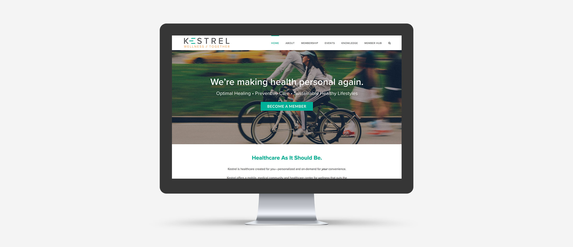 Mockup of the new Kestrel WordPress website homepage loaded on a large desktop screen