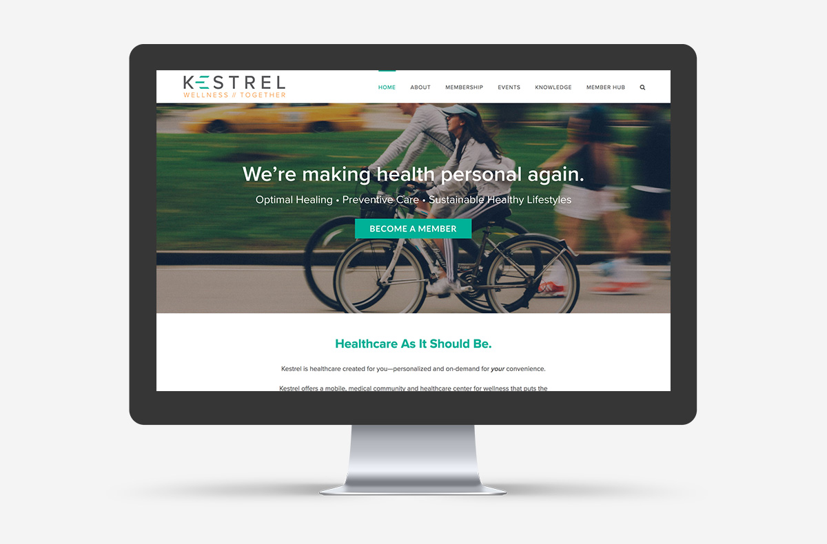 Mockup of the new Kestrel WordPress website homepage loaded on a large desktop screen