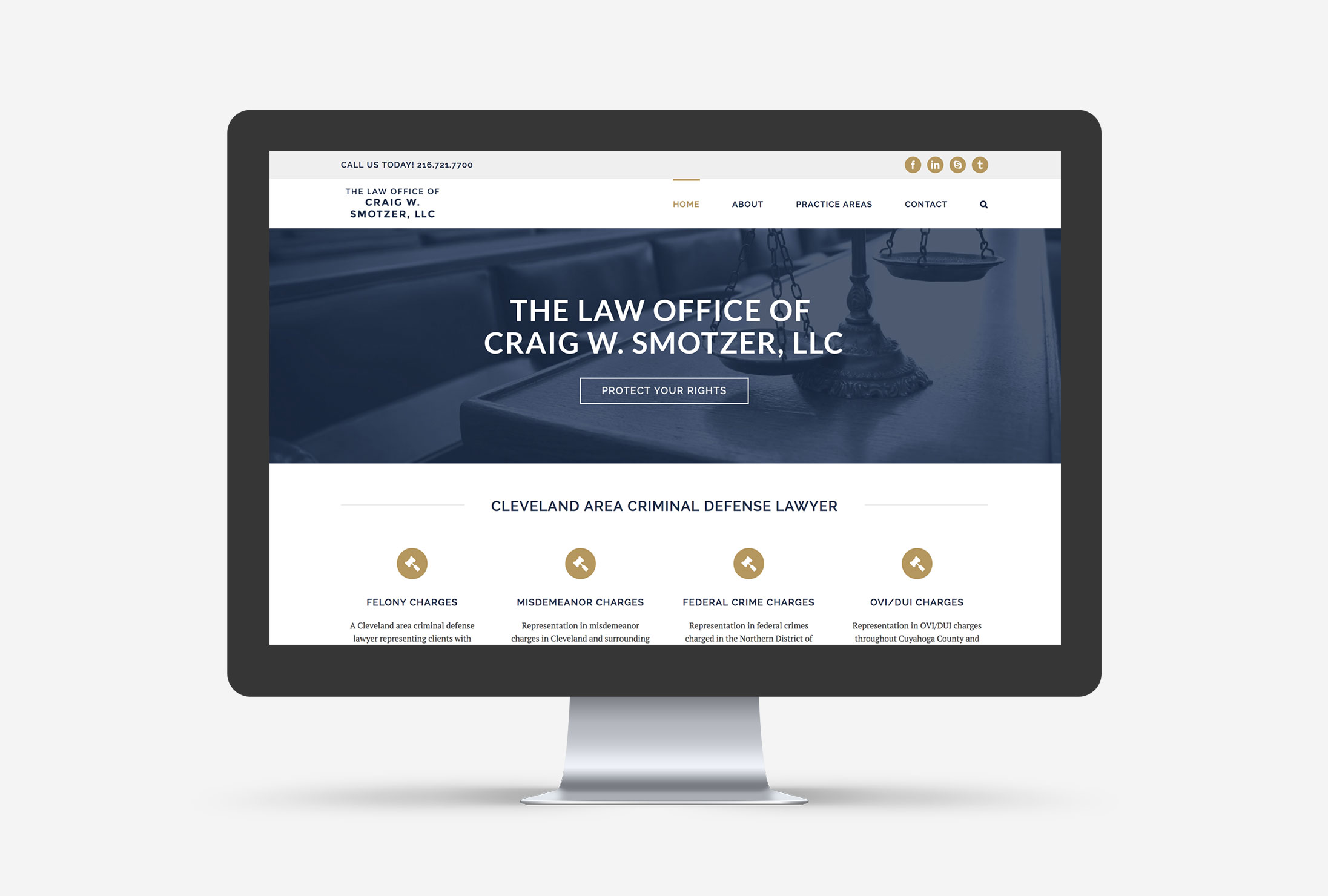 Mockup of the new Smotzer Law WordPress website homepage loaded on a large desktop screen