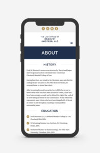 Mockup of the new Smotzer Law WordPress website about page on a mobile device