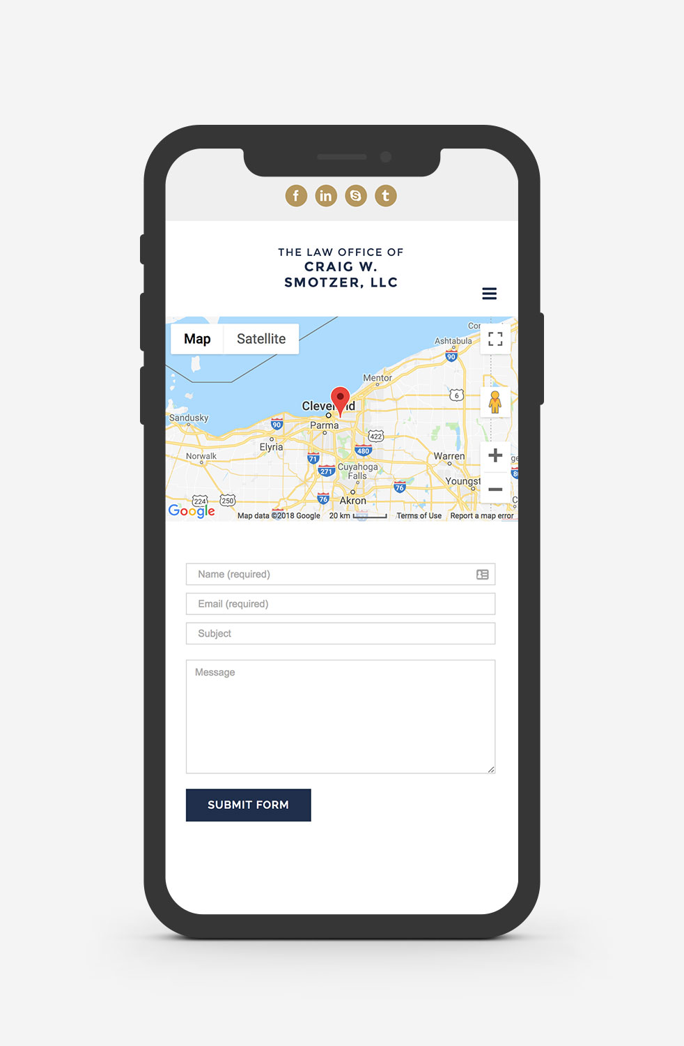 Mockup of the new Smotzer Law WordPress website contact page on a mobile device