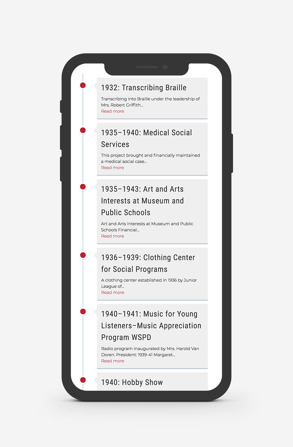 Mockup of the new Junior League of Toledo WordPress website history timeline on a mobile phone screen