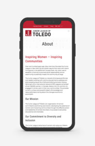 Mockup of the new Junior League of Toledo WordPress website about page on a mobile phone screen