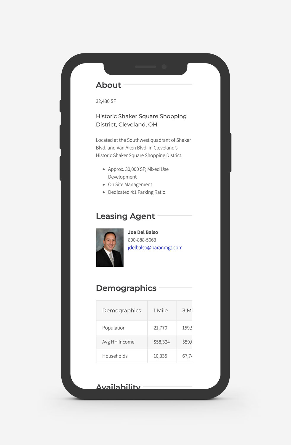 Mockup of the new Paran Management WordPress website portfolio details page on a mobile device