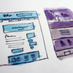 Blurred photo of site layout sketches with blue and purple highlights