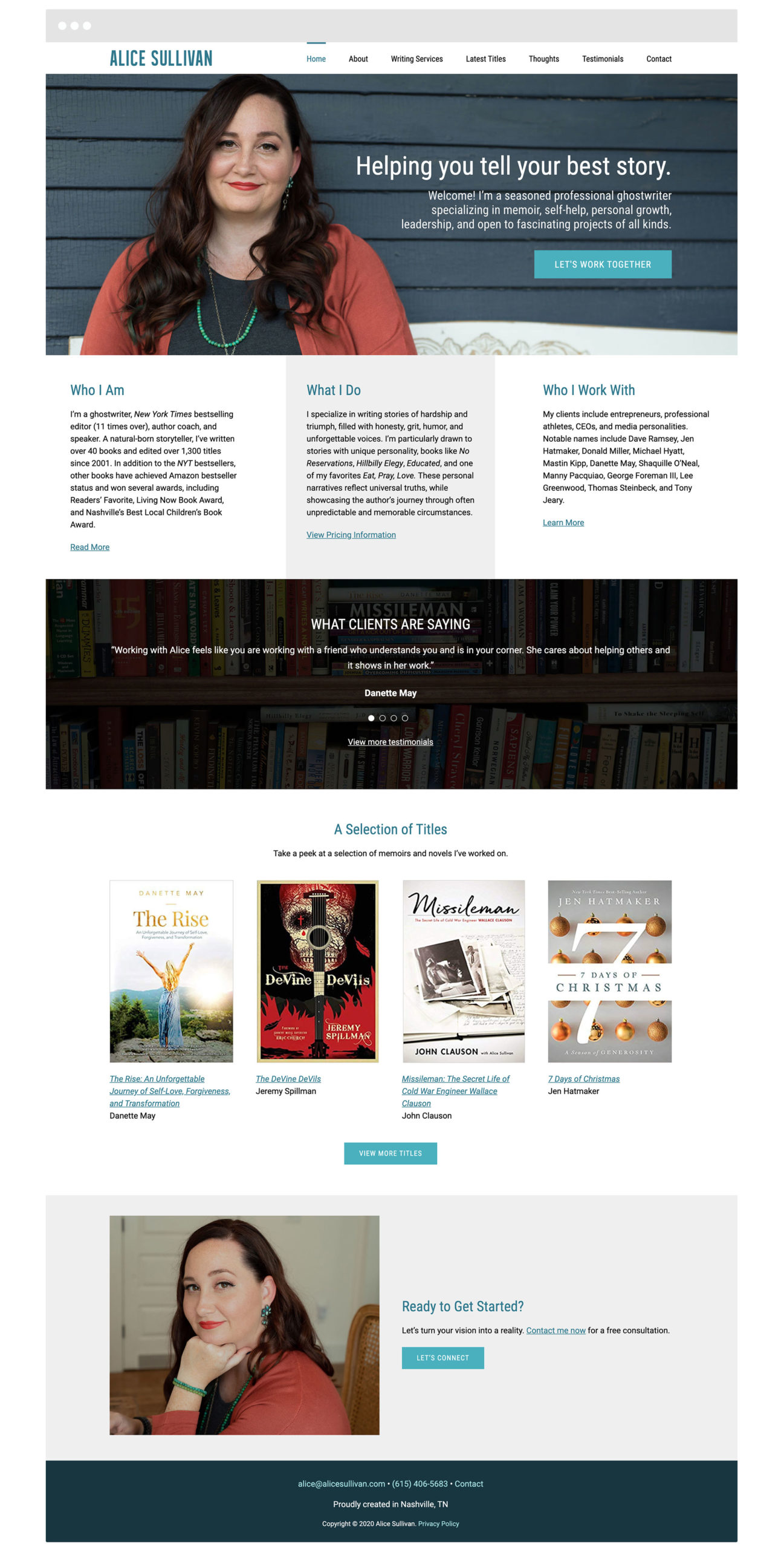 Mockup of the new Alice Sullivan WordPress website full homepage