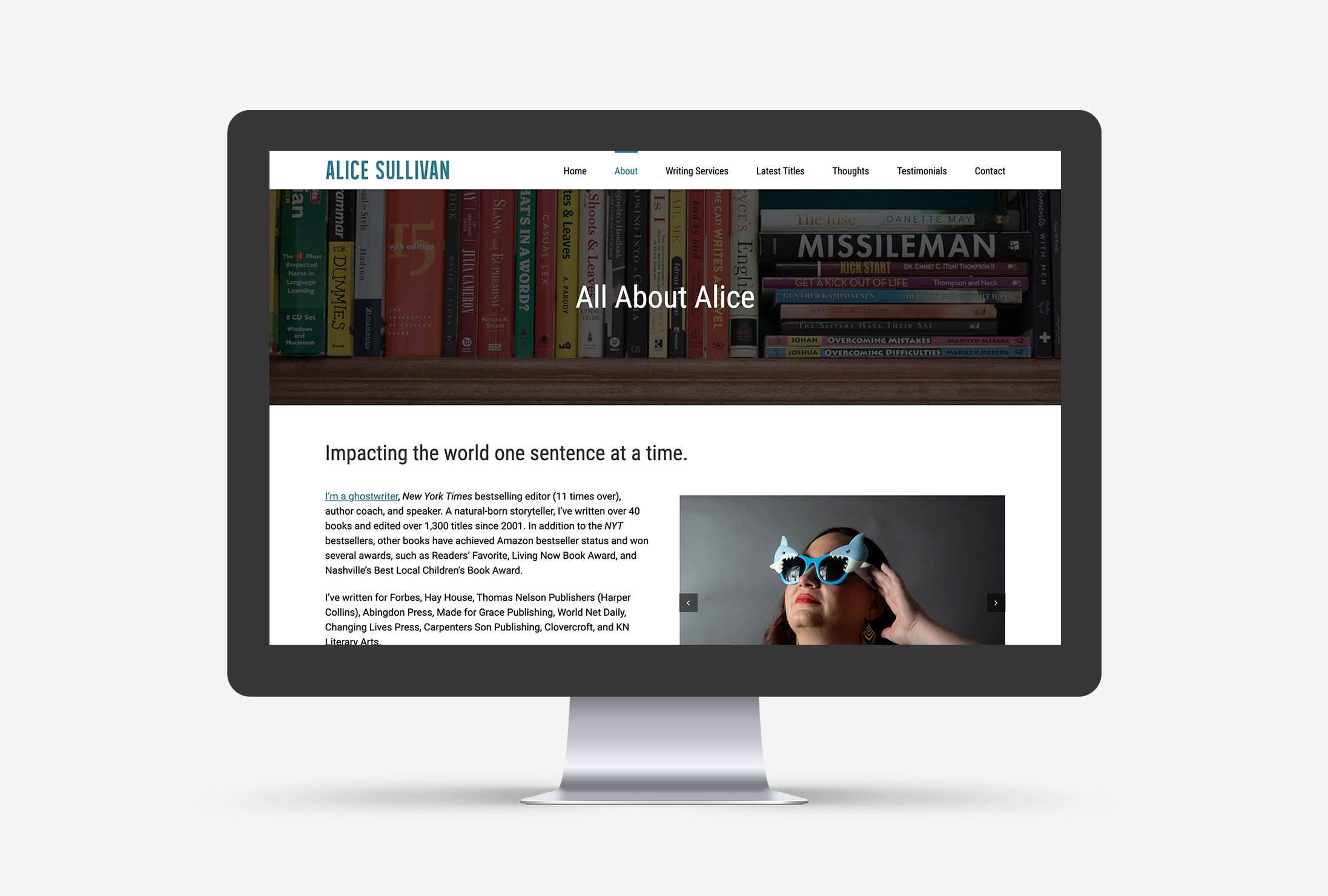 Mockup of the new Alice Sullivan WordPress website about page loaded on a large desktop screen