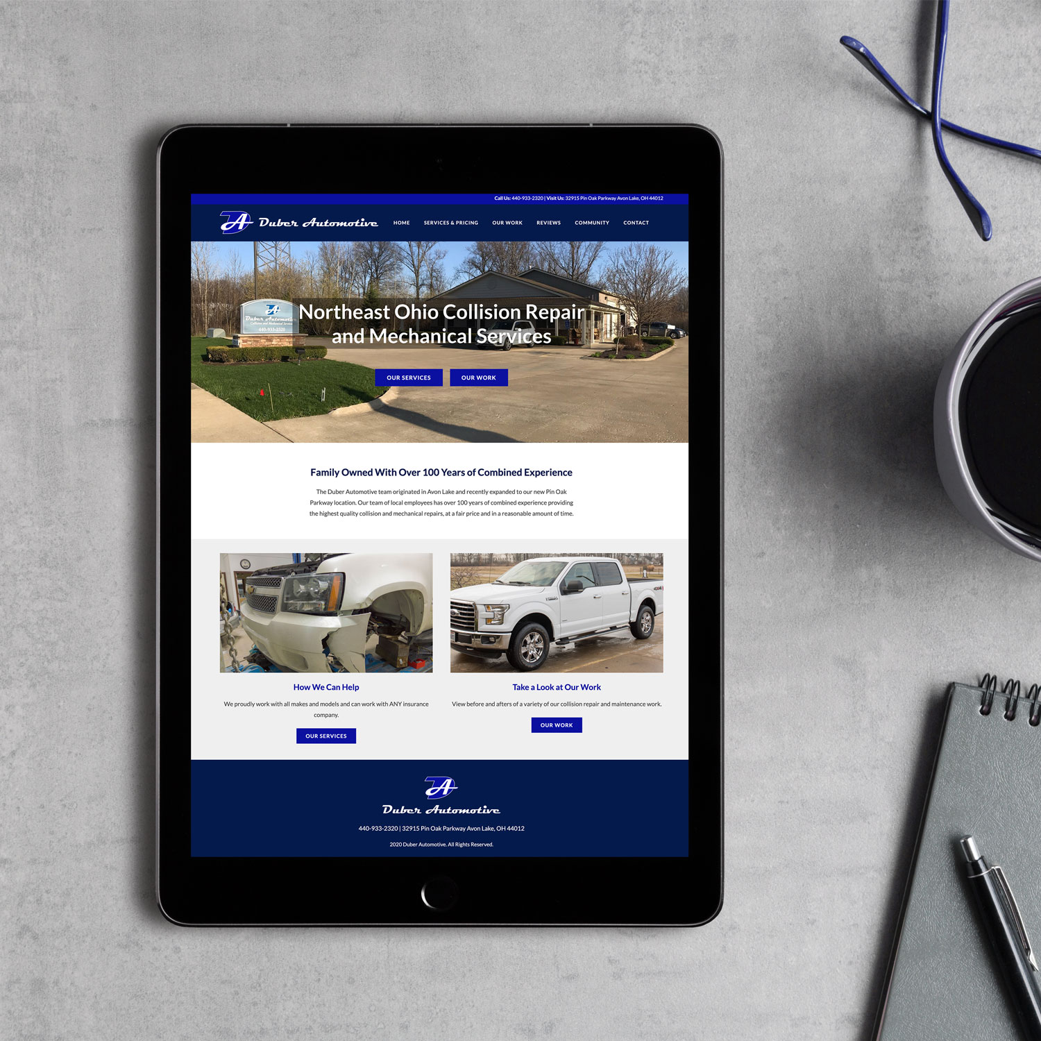 Photo of the new Duber Automotive website loaded on a tablet