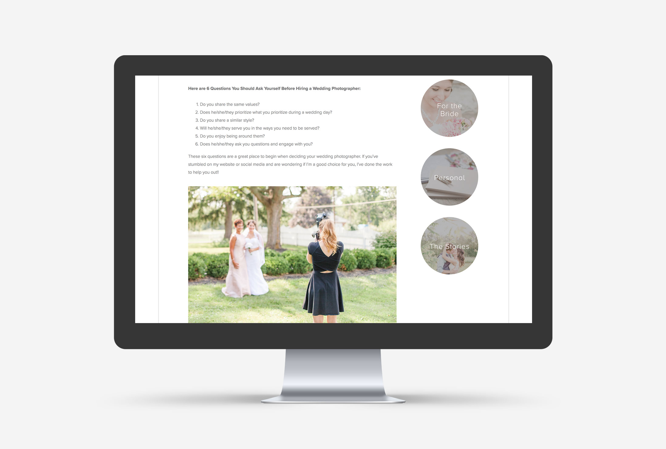 Mockup of the new Kate Mannella Photography Squarespace website internal page