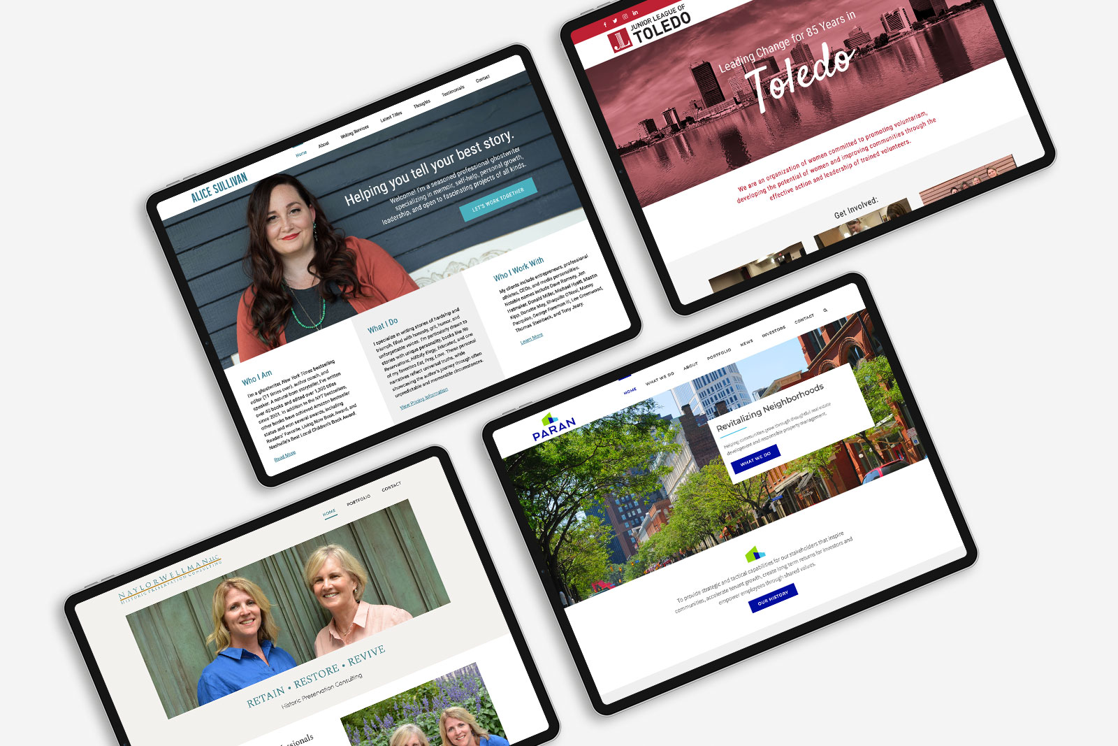 Overhead image of four tablets featuring four WordPress website design projects