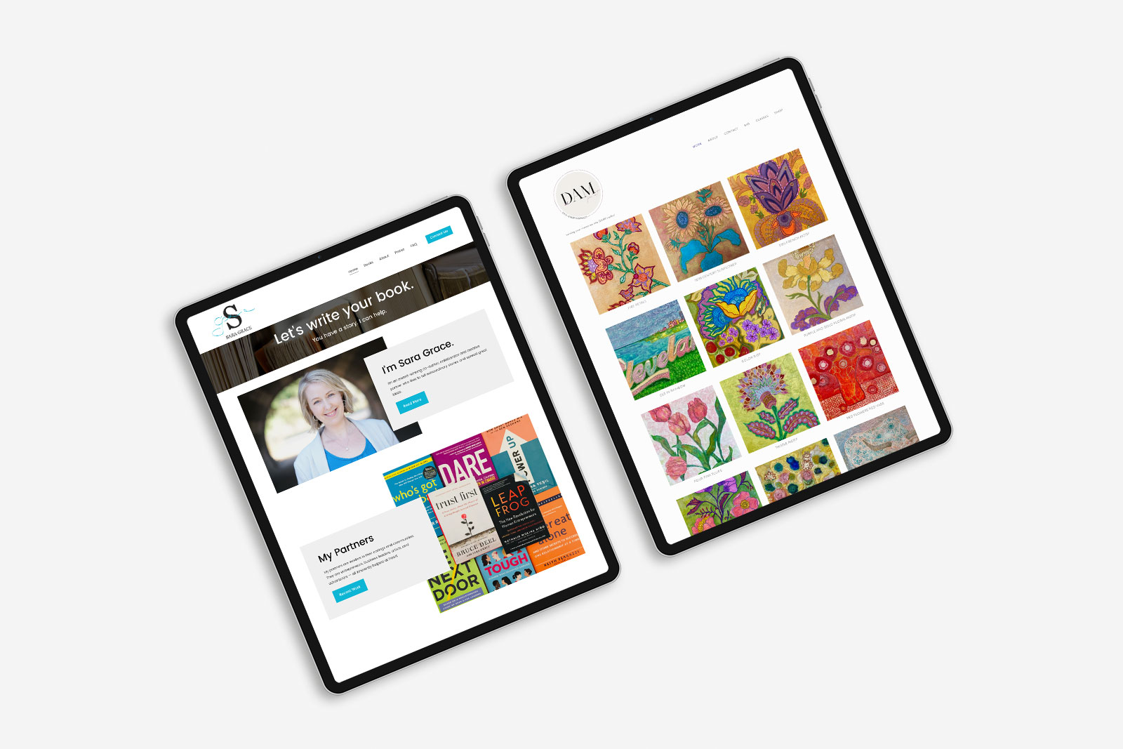 Overhead image of two tablets featuring two Squarespace website design projects