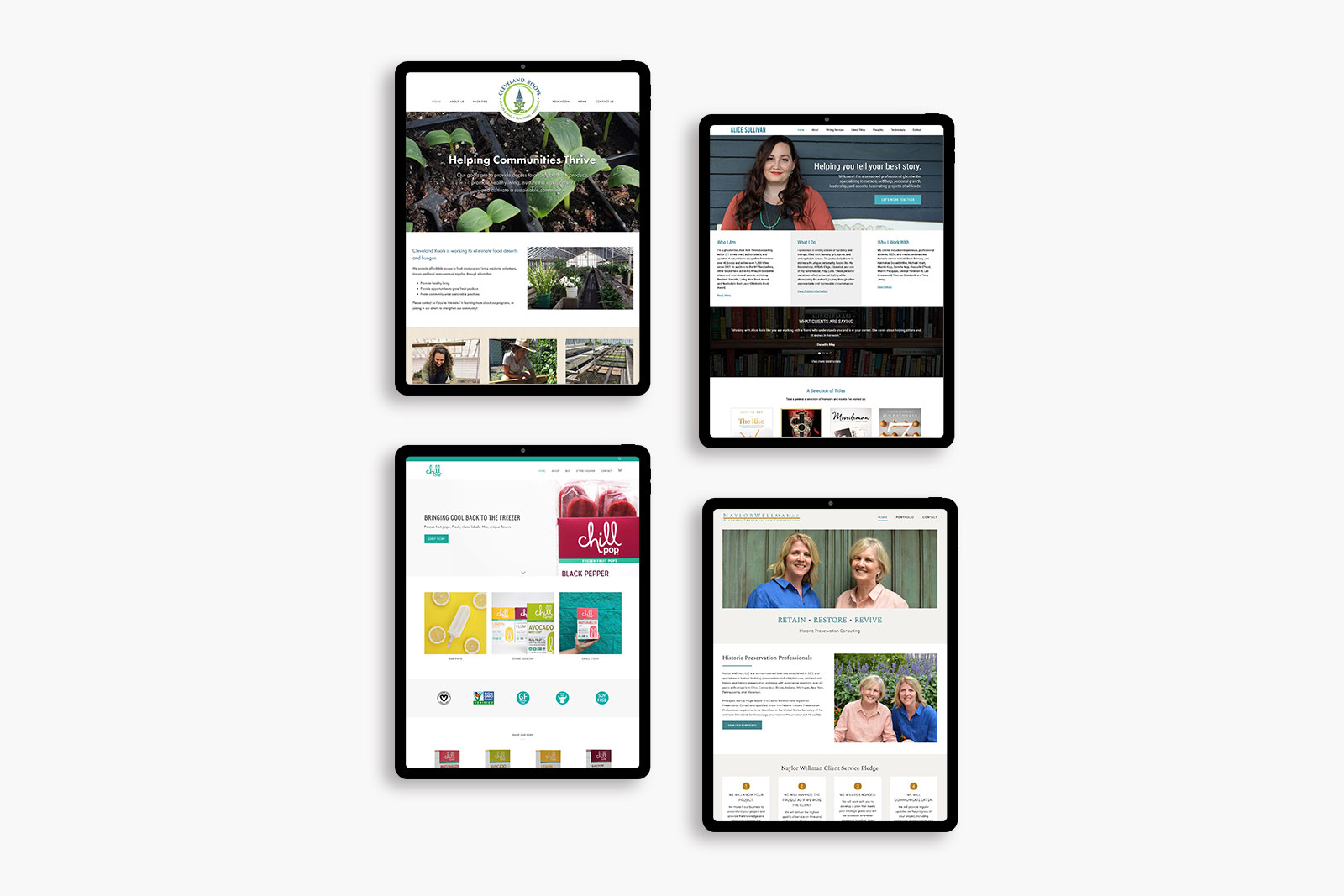 Overhead image of four tablets featuring four Cleveland-based web design clients